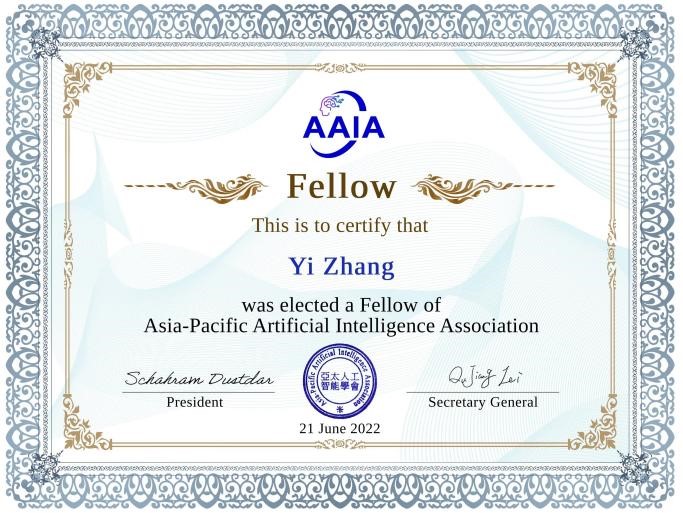公司董事长章毅教授当选亚太人工智能学会Fellow